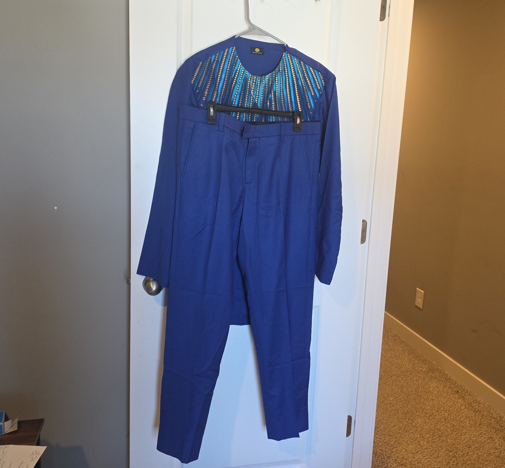 African Classic Blue Men's Agbada Set with Embroidered Yoke